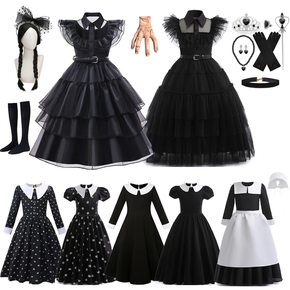 

Wednesday Addams Cosplay For Girls Black Gothic Costume 2023 Vestidos For Kids Party Dresses Carnival Halloween Clothing 3-12y