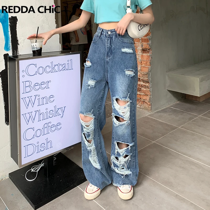 

REDDACHiC Y2k летние рваные мешковатые джинсы женские брюки гранж джинсовые синие прямые широкие брюки с высокой талией Корейская уличная одежда