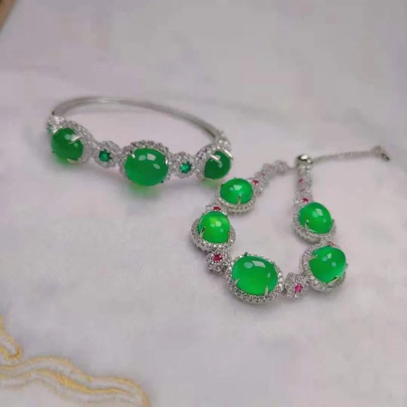 

925Silver Inlaid High Ice Chalcedony Bracelet New Emperor Green Ice-like Chalcedony Bracelet Live Supply