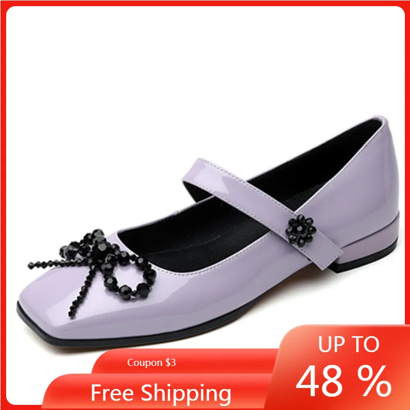 

ENMAYER Genuine Leather Autumn Women's Single Shoes Flat Small Cowhide Leather Square Head Ballet Flats Shoe Work Scoop New