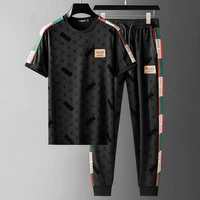 luxury summer mens patchwork embroidered short sleeve set thin breathable casual sports two piece set