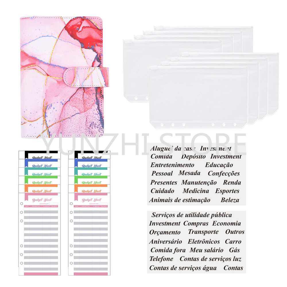 

A6 Budget Binder Cash Envelope Organizer 8 Zipper Pockets 12Pcs Budget Sheet 2Pcs Portuguese Alphabet Stickers