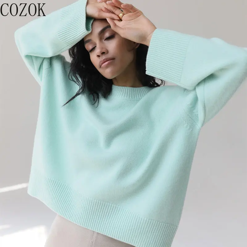 2022 Autumn and Winter Women's Knitwear round Neck Loose Solid Color Popular European and American Sweater New