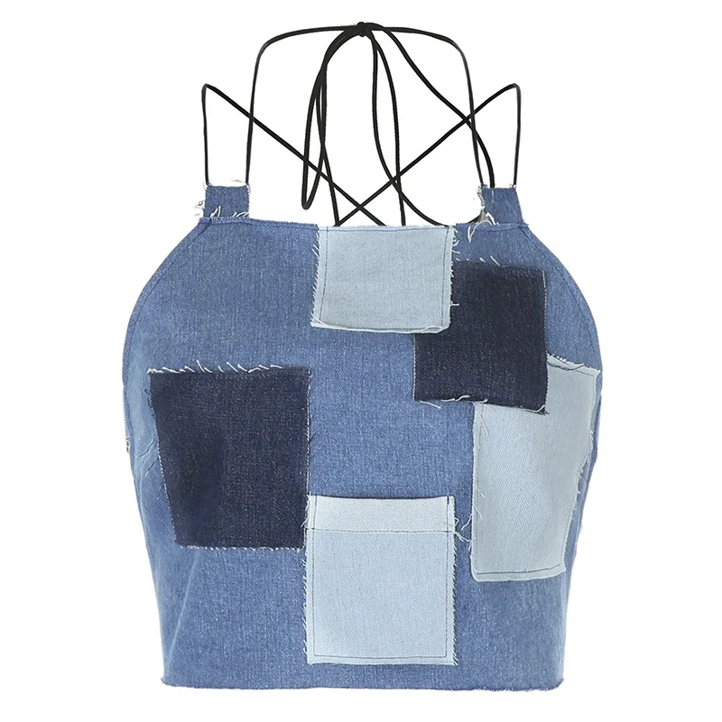 Женский джинсовый топ с открытой спиной синий укороченный облегающий Топ