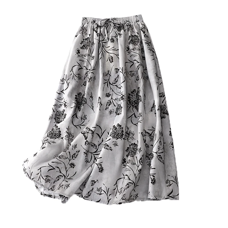 

Fashion Lace-up Ink Flower Print Skirt Spring/Summer Loose Office Lady Skirts Casual Elastic Waist Ramie Skirt Falda Mujer 26898