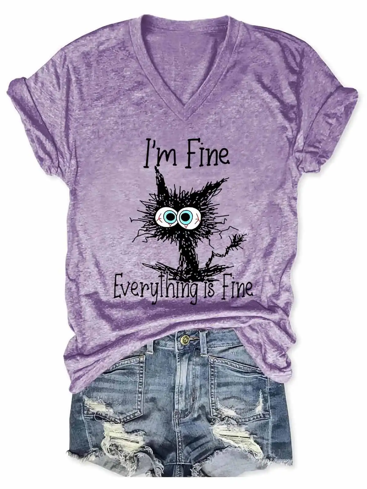 

Women's Funny Cat It's Fine I'm Fine Everything's Fine V-Neck T-Shirt