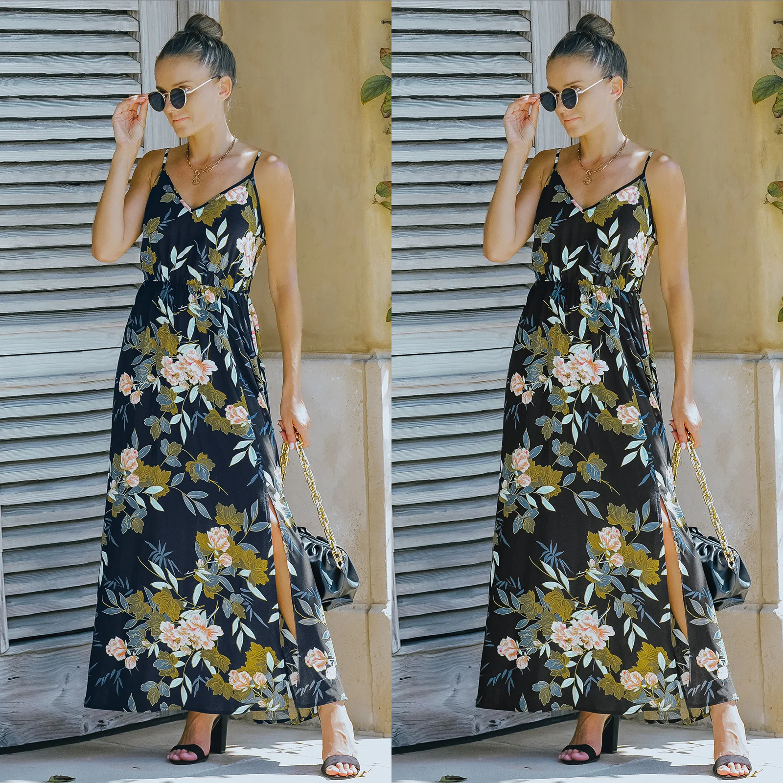 

Leisure Lovely Vacation Dresses Sexy V Neck Slip Dress Cowl Neck Flower Printting Backless Boho Fashionable Frock for Girls