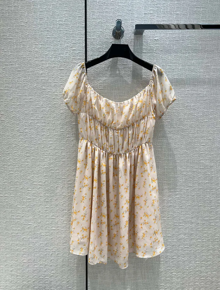 

High-end Floral Printed Minn Dress Casual Slim Short Sleeve Pleated Dresses 2022 Summer New Sweet High-waisted Women Short Dress