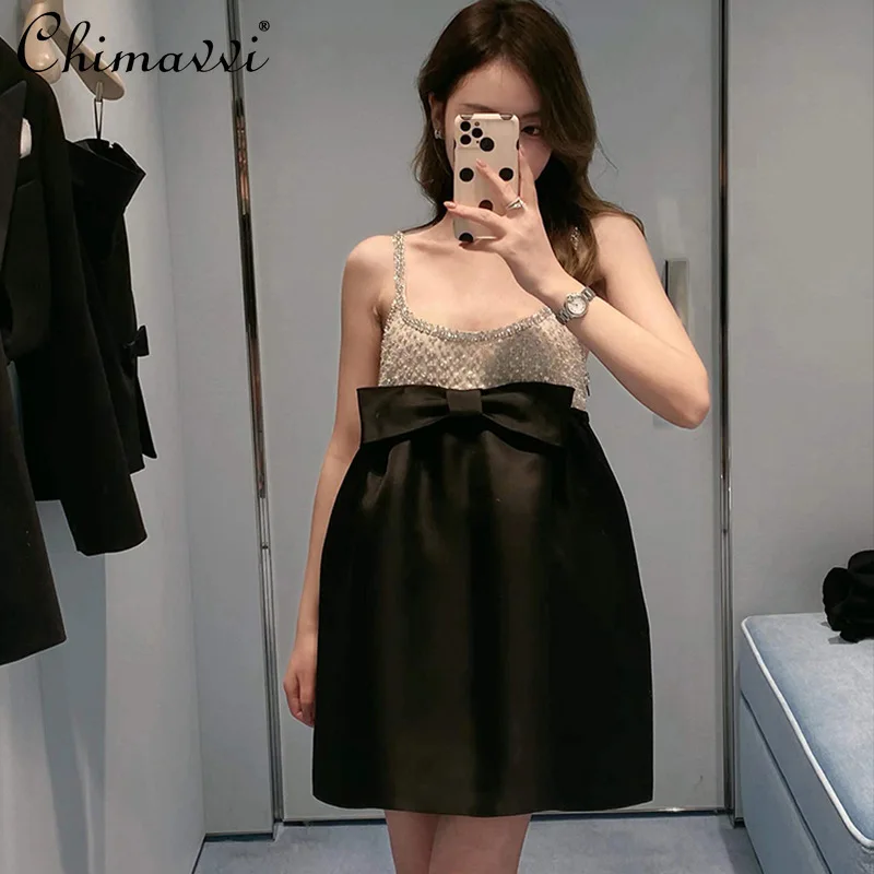 2022 Spring/Summer New Diamond-Embedded Fake Two-Piece Dress Women's Fashion Slim-Fit Bow Short Dress for Ladies
