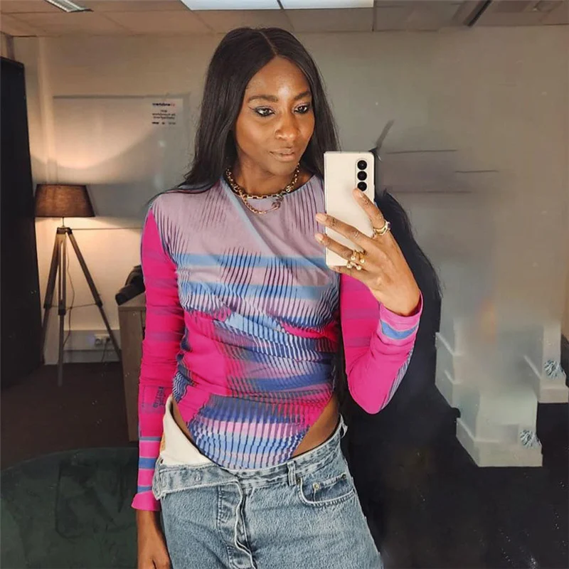 

Striped Print Crew Neck Bodysuit Long Sleeve Slim Waist Club Party Bodysuit Pullover Y2K Street Tops Female Attirewear Clothing