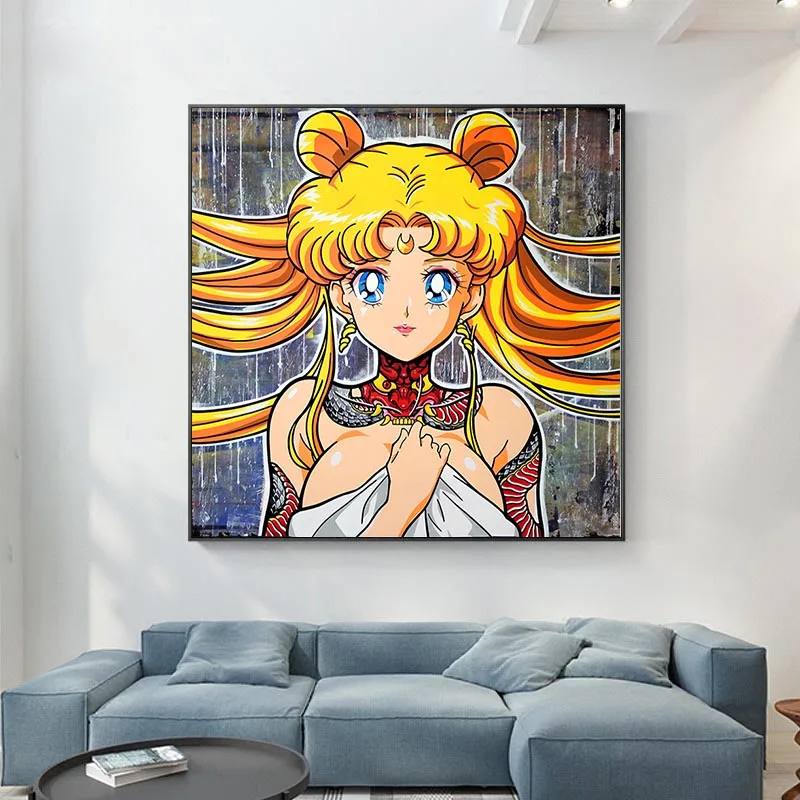 

Классический Декоративный плакат аниме Сейлор Мун, граффити, красивая девушка, холст, живопись, комната, настенные художественные принты, р...