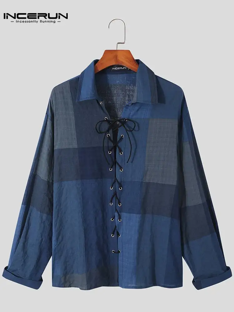 

INCERUN Men Casual Shirt Plaid Lapel Streetwear Long Sleeve Lace Up Camisa Masculina 2022 Cotton Retro Personality Men Clothing