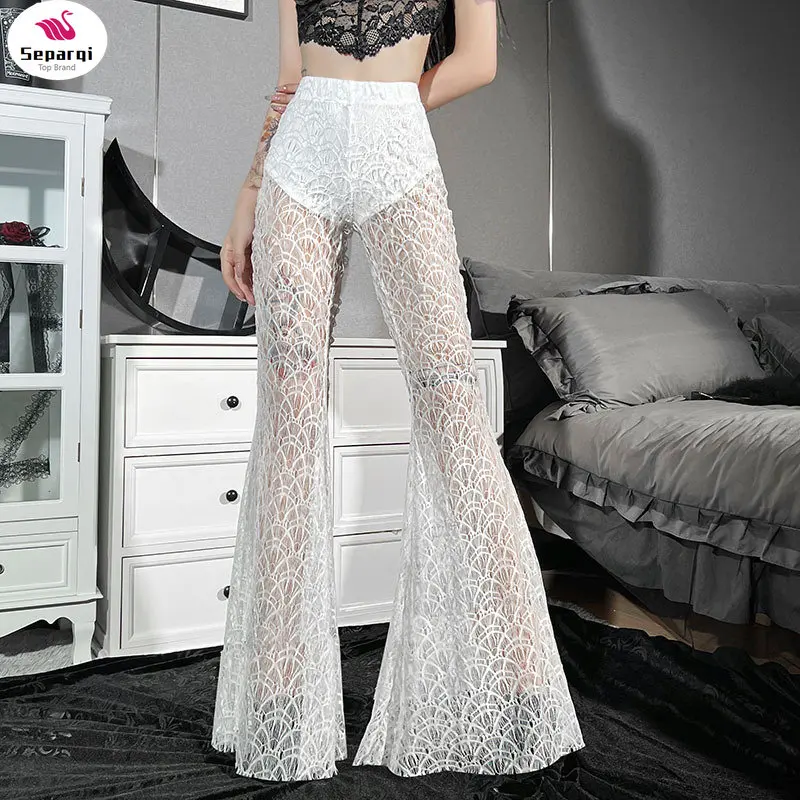 

Сексуальные кружевные свободные брюки SEPAQI с высокой талией, женские модные Ажурные кружевные крючком длинные женские брюки, черные пляжные...