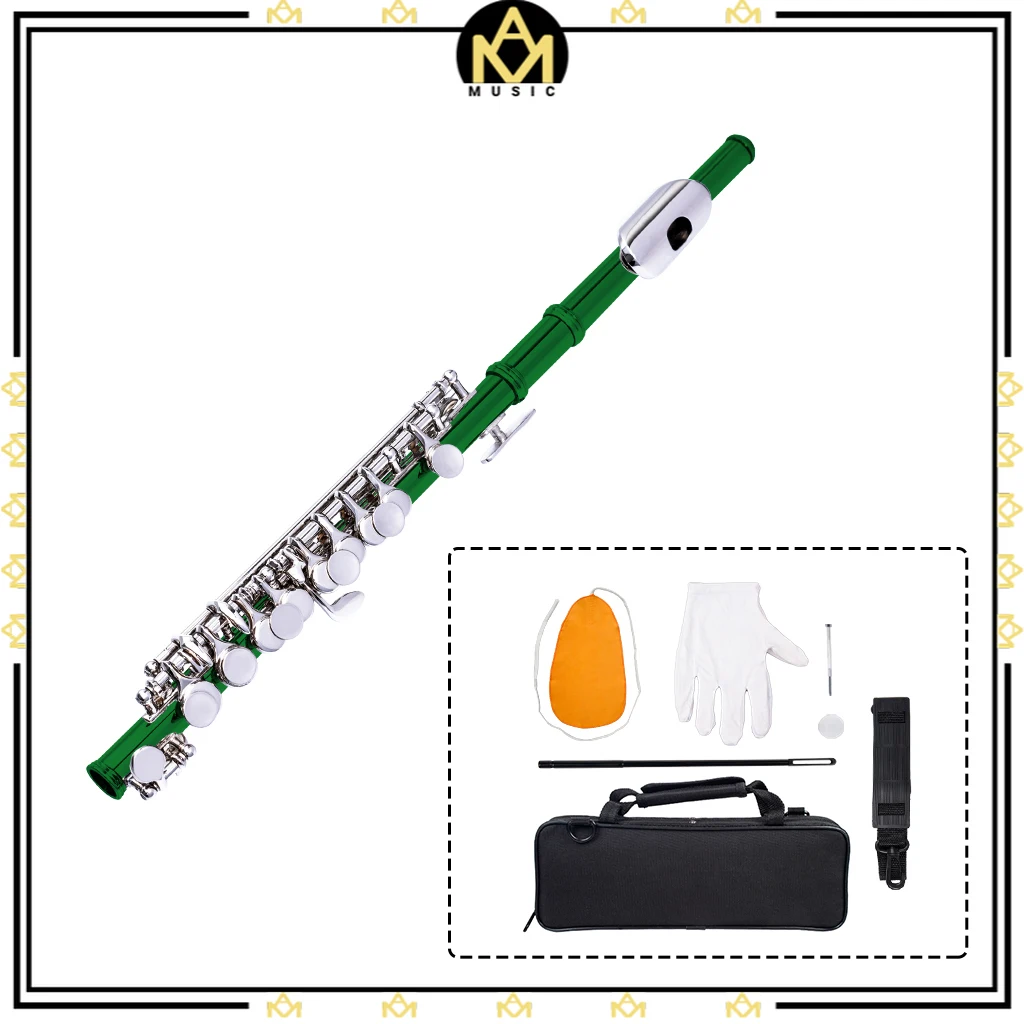 Excellent Nickel Plated C Key Piccolo Green Color W/ Case   Cleaning Rod And Cloth And Gloves Cupronickel Piccolo Set