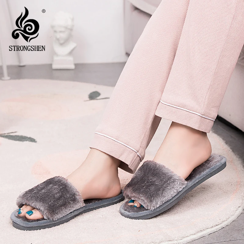 

STRONGSHEN Women Fur Slippers Shoes Winter Home Slippers Plush Indoor Slipper Slides Ladies Flat Warm Fluffy Cotton Flip Flops