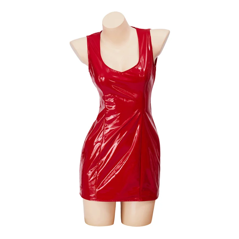 Pam &amp Tommy Pamela Anderson Cosplay Costume Sexy Red Leather Mini Sleeveless Bodycon Dress Party Ball Gown