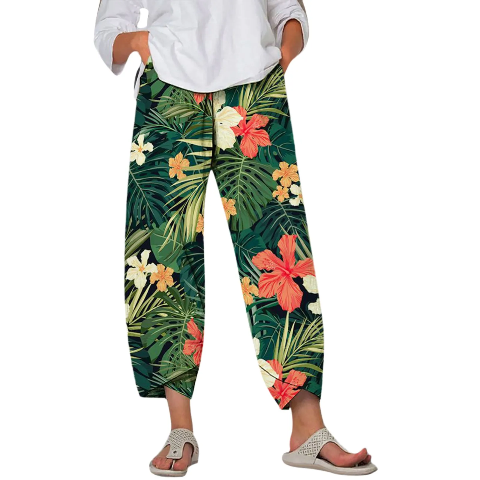 Women Linen Harem Pants Summer Casual Loose Wide Leg Trousers with Pocket Boho Fashion Leaf Floral Print Beach Pants 3/4 Trouser
