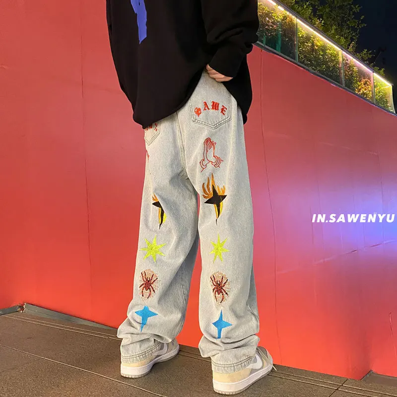 

Y2K Retro Embroidered Denim Trousers Men's High Street Wide Leg Pants Street Loose Casual Jeans Letter Patch Pants Men's