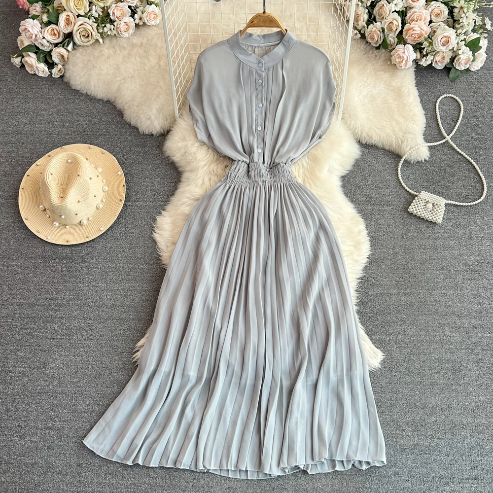 

Women's Spring Summer Sleeveless Pleated Dress Female High Waist Chic Party Long A-line Vacation Dress TB895