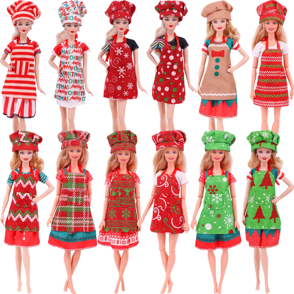 

Red Barbies Doll Clothes Christmas Apron + Hat Christmas Tree Snowflake Pattern For 11.5Inch Blyth 1/6 BJD Dolls Birthday Gifts