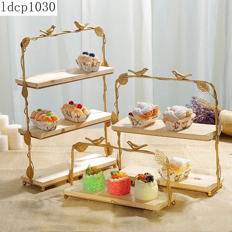 

Wooden Rack Tray Snack Rack European Iron Cake Rack Solid Wood Wedding Dessert Table Display Rack Living Room Decoration