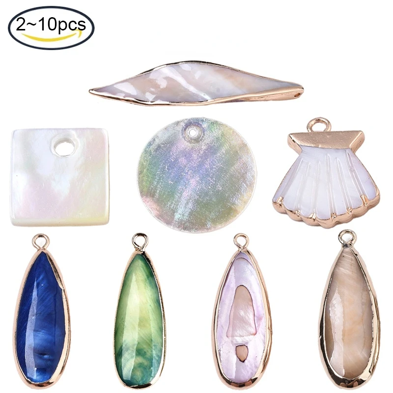 

2-10PCS Natural Freshwater Shell Pendants with Iron Loops Edge Golden Plated Dyed Teardrop MarineBlue for Jewelry making DIY