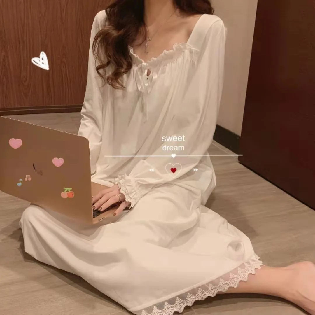 Summer Nightgowns for Women  Long Sleeved Nightwear Female Solid Color Lace Sexy Nightdress Home Clothes  Silk Dress Women