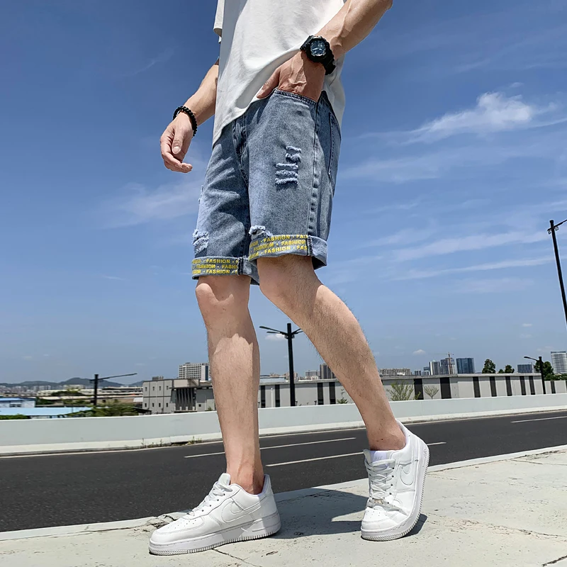 Summer New Beach Casual Men's Denim Shorts Straight Knee-Length Jeans Fashion Trend Loose Ripped Men's Street Short Jeans