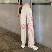 womens straight pants pink anime girl graffiti wide leg pants harajuku streetwear y2k kawaii elastic waist casual pants