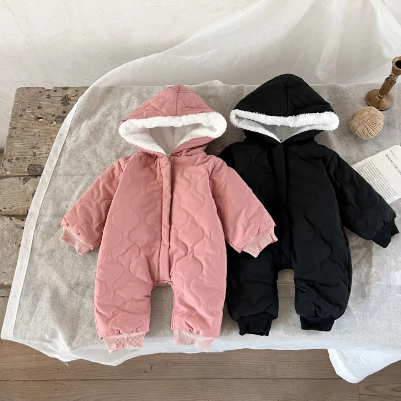 

2022 Winter Baby Padded Hooded Rompers Girls Lining Fur Jumpsuits Boys Thicken Warm Clothes