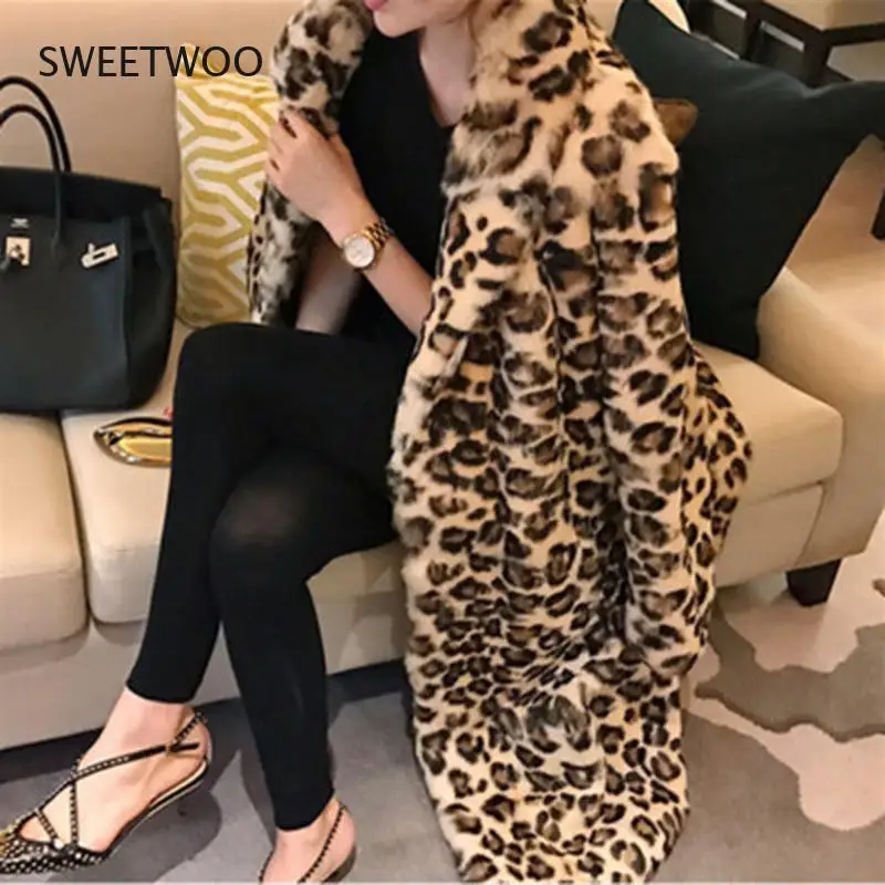 Classic Leopard Print Color Faux Fur Coat Women Long Thick Warm Jackets Fluffy Star Style Overcoats Winter Street Outerwear 2022