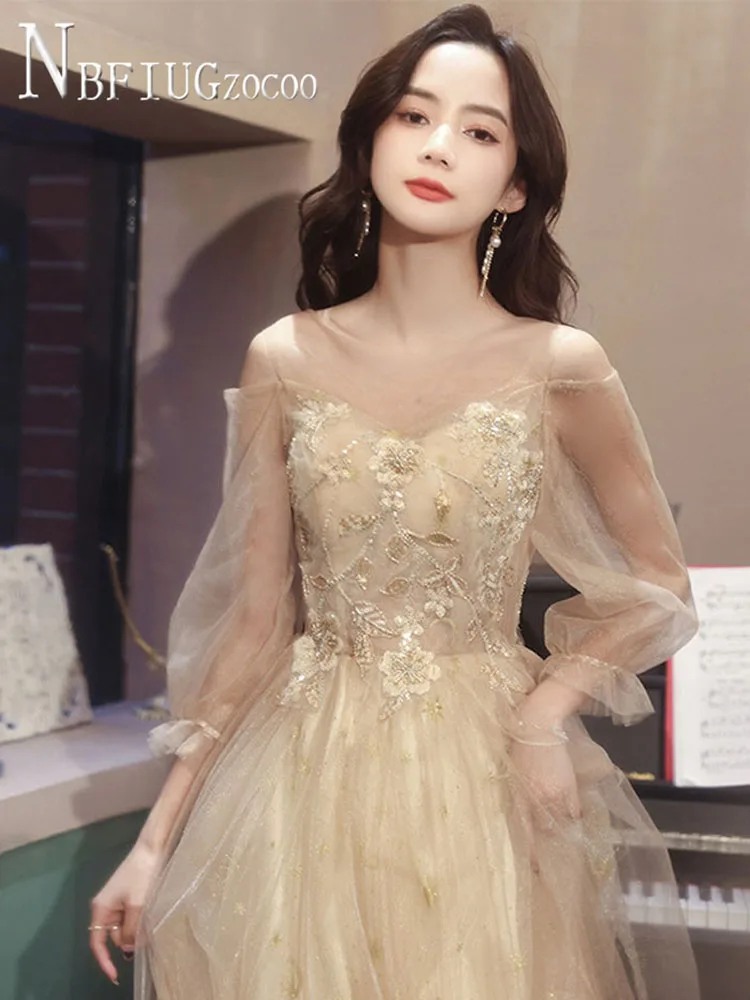 

2021 Banquet Host Temperament Champagne Color Women Dress Engagement Plus Size Female Dresses