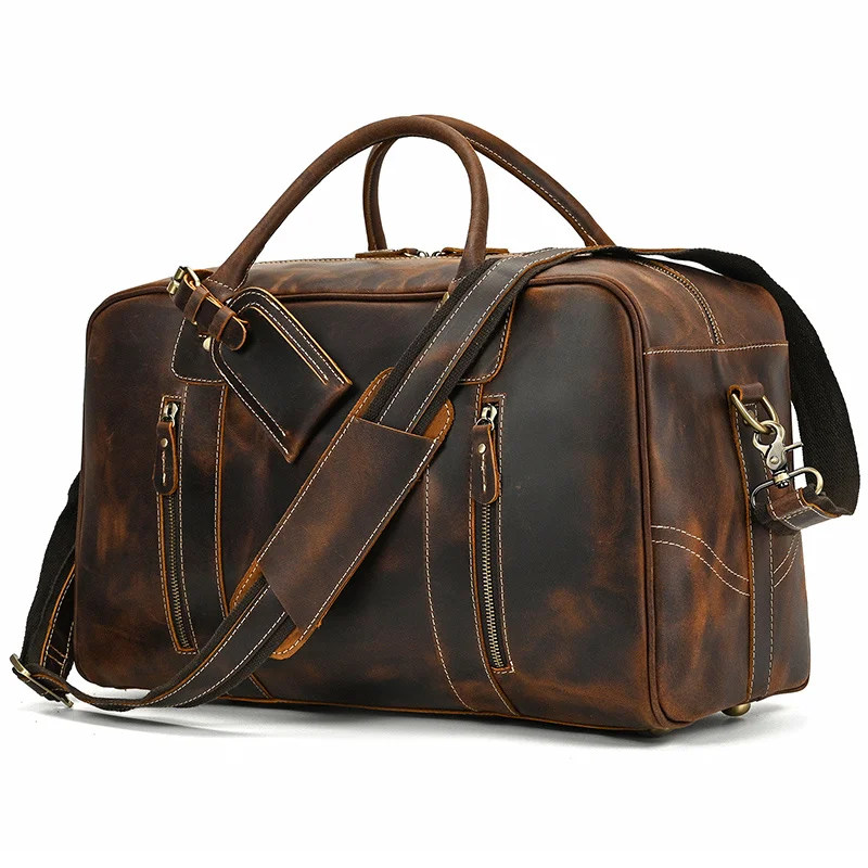 

Men Large Genuine Leather Duffle Bag Full Grain Vintage Crazy Horse Leather Travel Bag Weekender Duffel