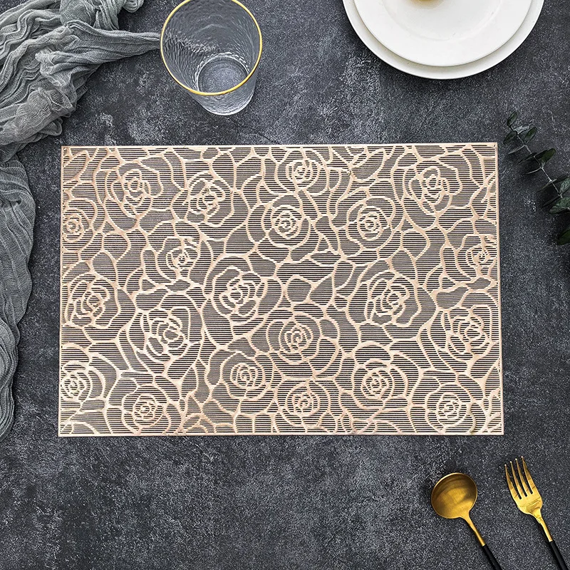 

6/4pcs Rectangular Rose Placemats Hollowed Out PVC Light Luxury Dining Table Decor Mat Anti Slip and Thermal Insulation Meal Mat
