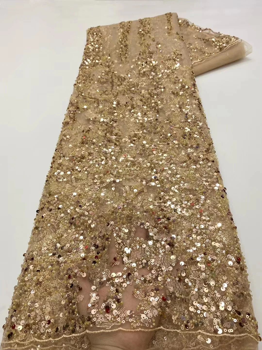 

Nigerian Handmade Luxury Gold Sequin Tulle Fabric 2022 Africa High Quality Beaded Mesh Lace Swiss For Wedding Bride Dress Sewing