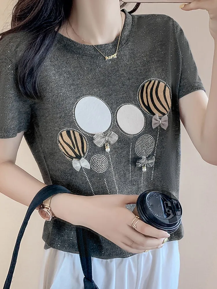 Женская хлопковая футболка 2024 блестящая со стразами и коротким рукавом женские