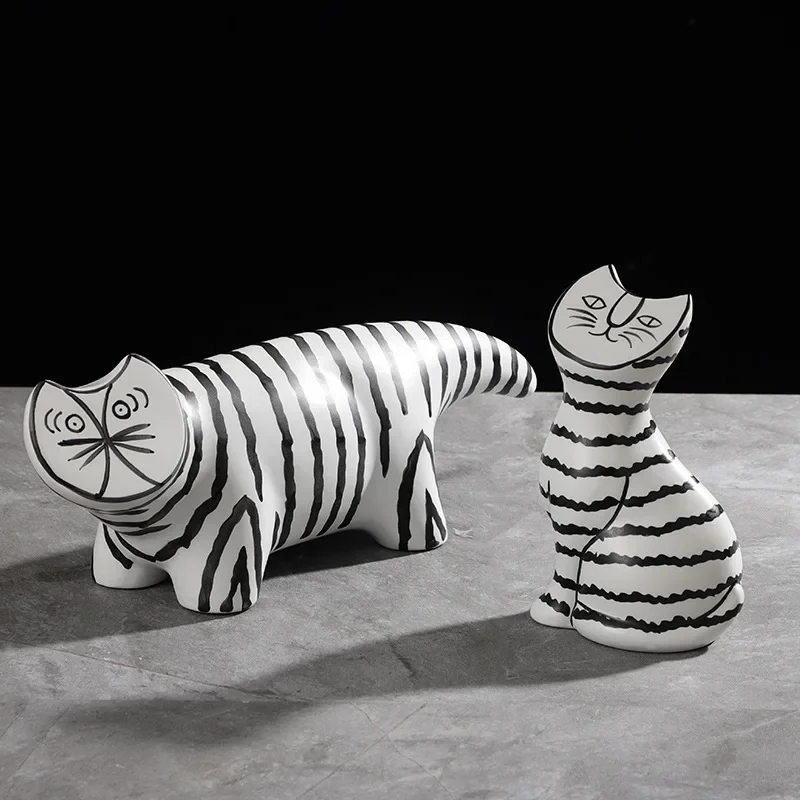 

Simple Modern Decoration Living Room Decoration Creative Ceramic Black and White Stripe Cat Model Room Porch Decoration Decor