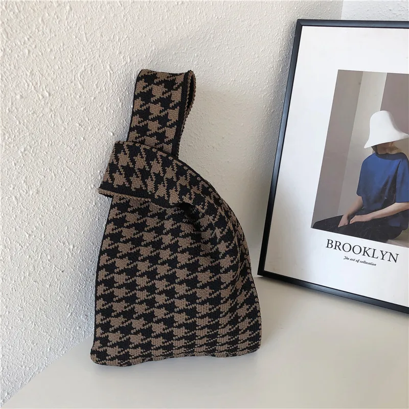 Korea Ins Knitted Checkerboard Tote Bag 2022 Women Handbags Shoulder Knitting Women's Bag Striped Armpit Bag for Women
