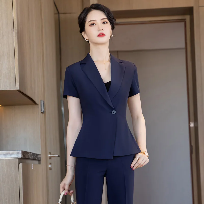 

Summer Fashion Navy Blue Blazer Women Work Suits Pant and Jacket Sets Ladies Business Office Uniform Style Pantsuits