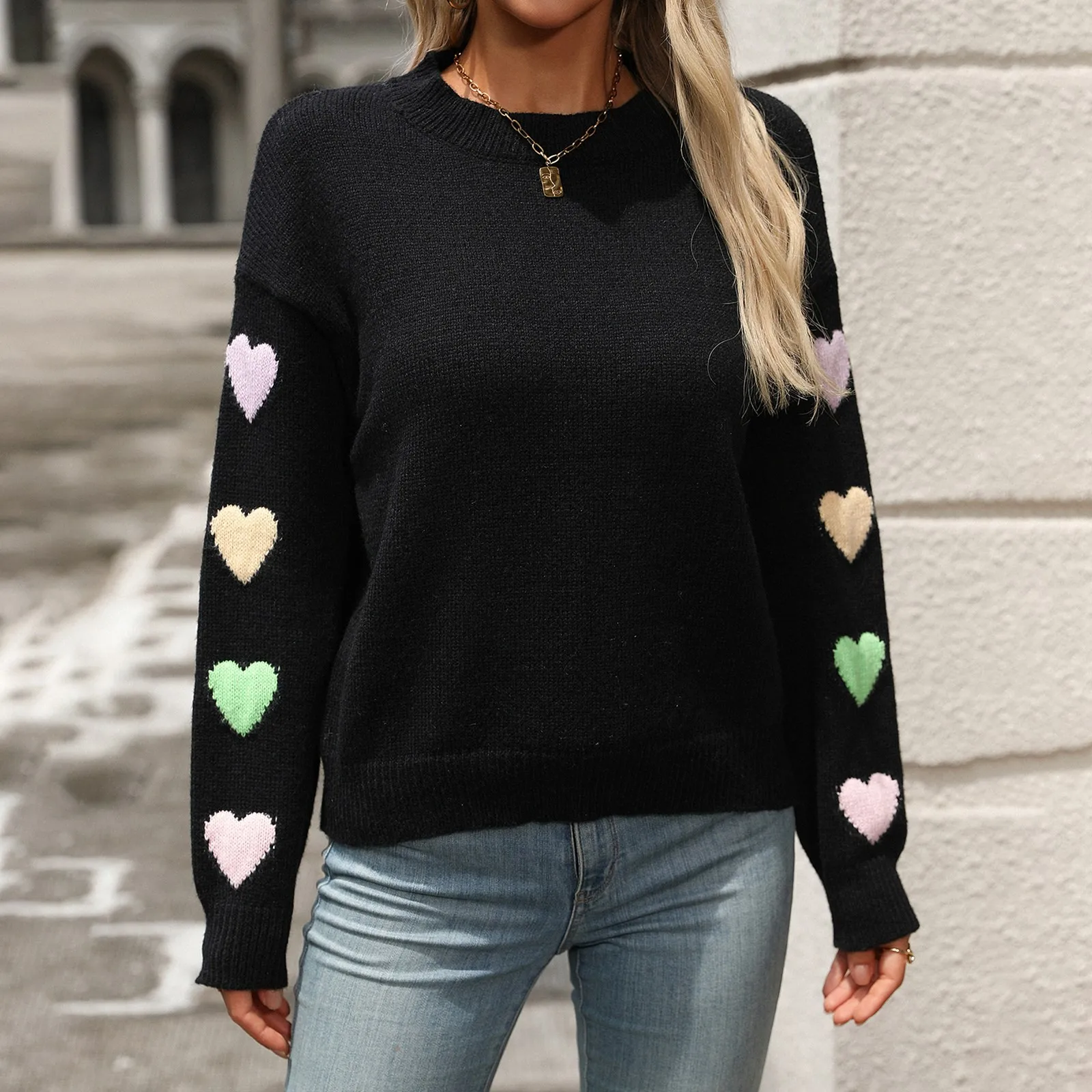 &quot Вязаный свитер для женщин лоскутное сердце однотонный пуловер ожерелье