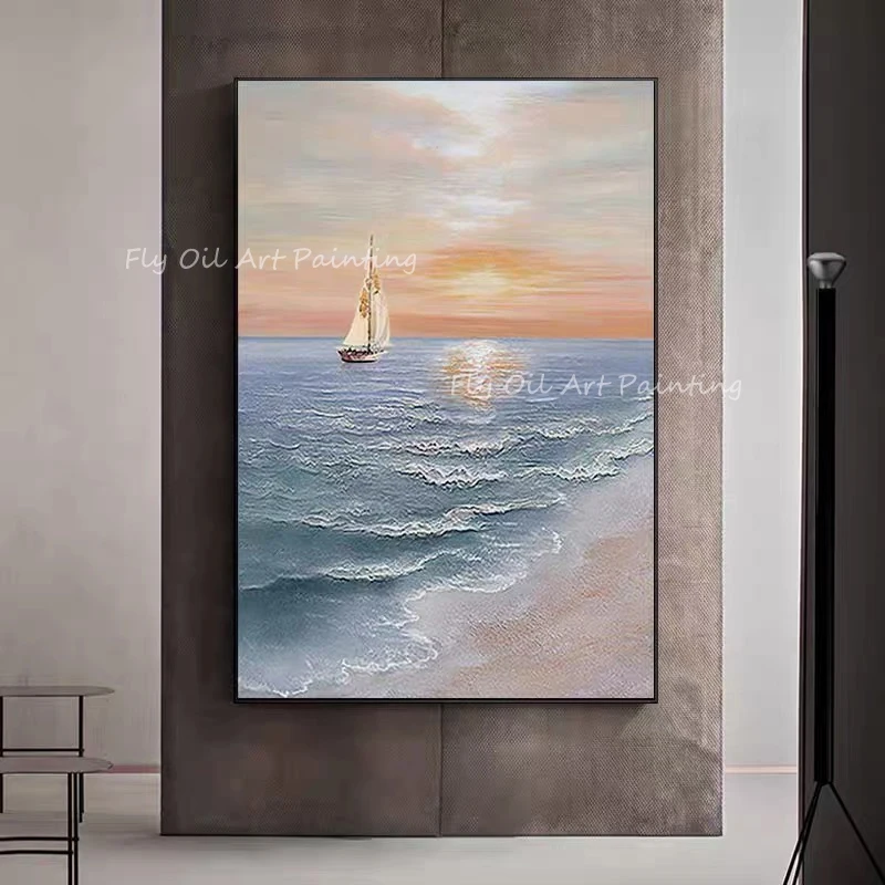 

Ocean Seaside with sailboat sunset artwork on Canvas Handpainted oil Painting Art Wall Pictures For Living Room Home Decor