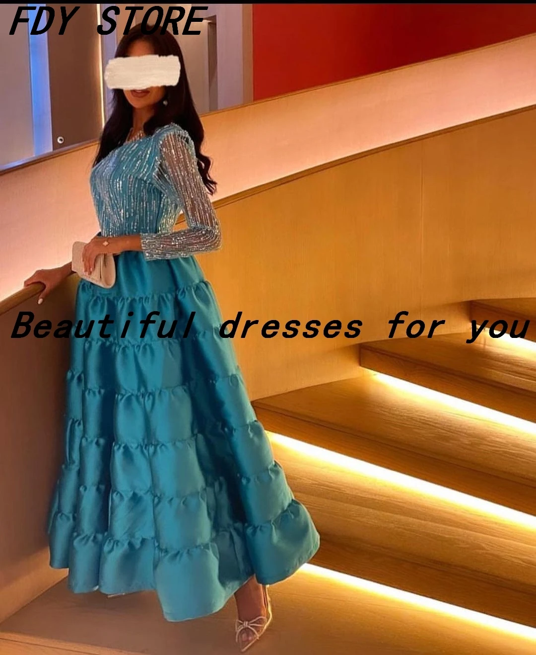 

FDY Store Vintage Sequins Long Sleeves Prom Dresses V Neck O-Neck Ankle Length Saudi Arabic Women Evening Gowns Party Dress