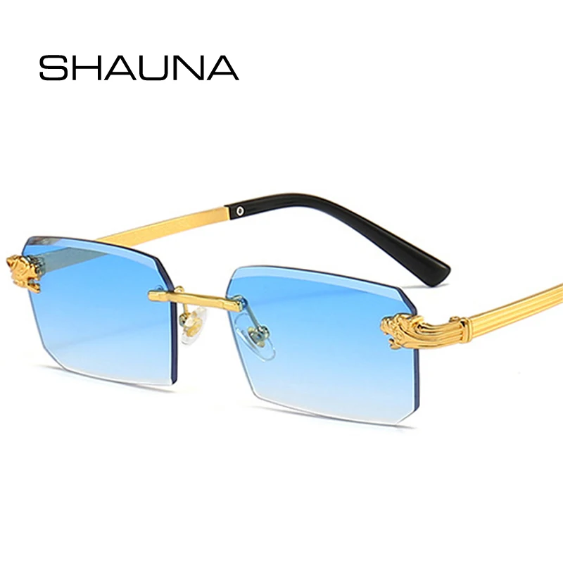 

SHAUNA Retro Rectangle Sunglasses Women Fashion Rimless Clear Ocean Gradient Lens Eyewear Shades UV400 Men Leopard Sun Glasses