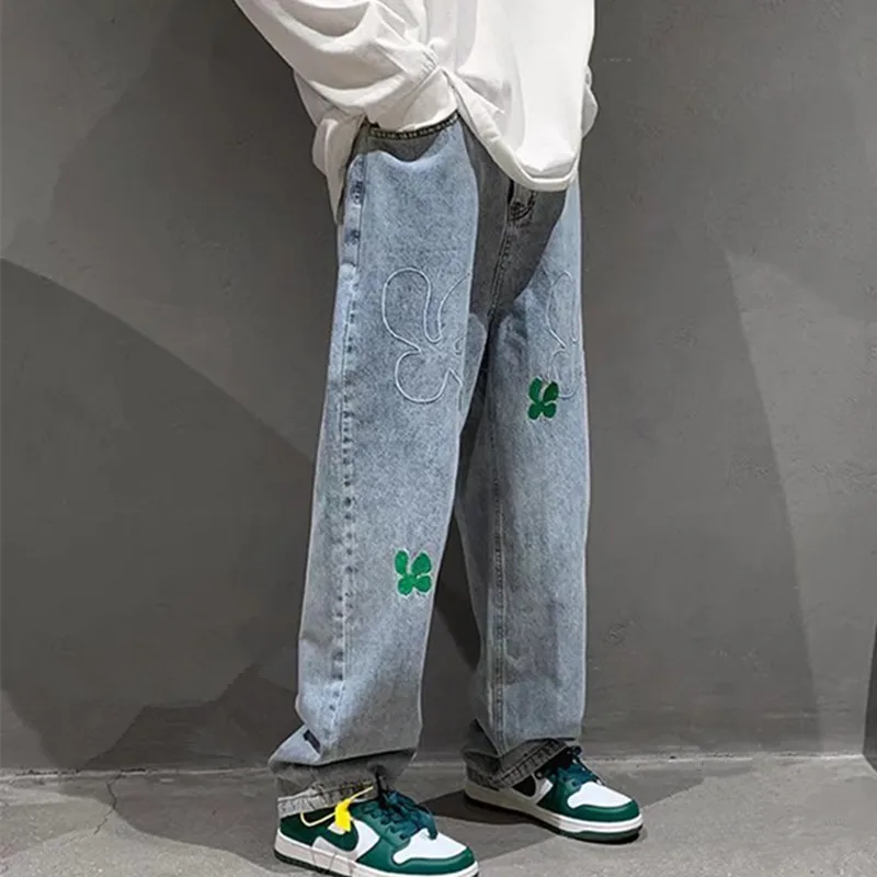 2022 New Fashion Letter Embroidery Baggy Men Wide Jeans Trousers Hip Hop Straight Korean Casual Denim Pants Luxury Moda Hombre