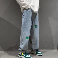 2022 new fashion letter embroidery baggy men wide jeans trousers hip hop straight korean casual denim pants luxury moda hombre