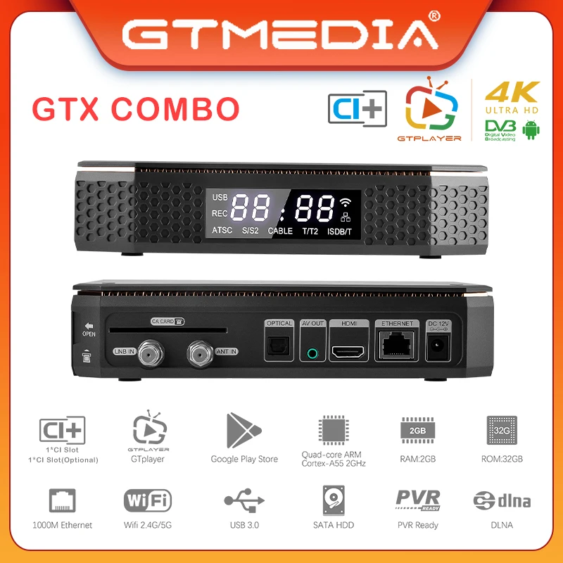 

2023 NEW Gtmedia Gtx Combo Satellite Tv Box 4K 8K H265 Main10 Decoder DVB-S2/T2/C 2G+32G, Support CA&CI Plus1.4, SATA-HDD, BT4.1