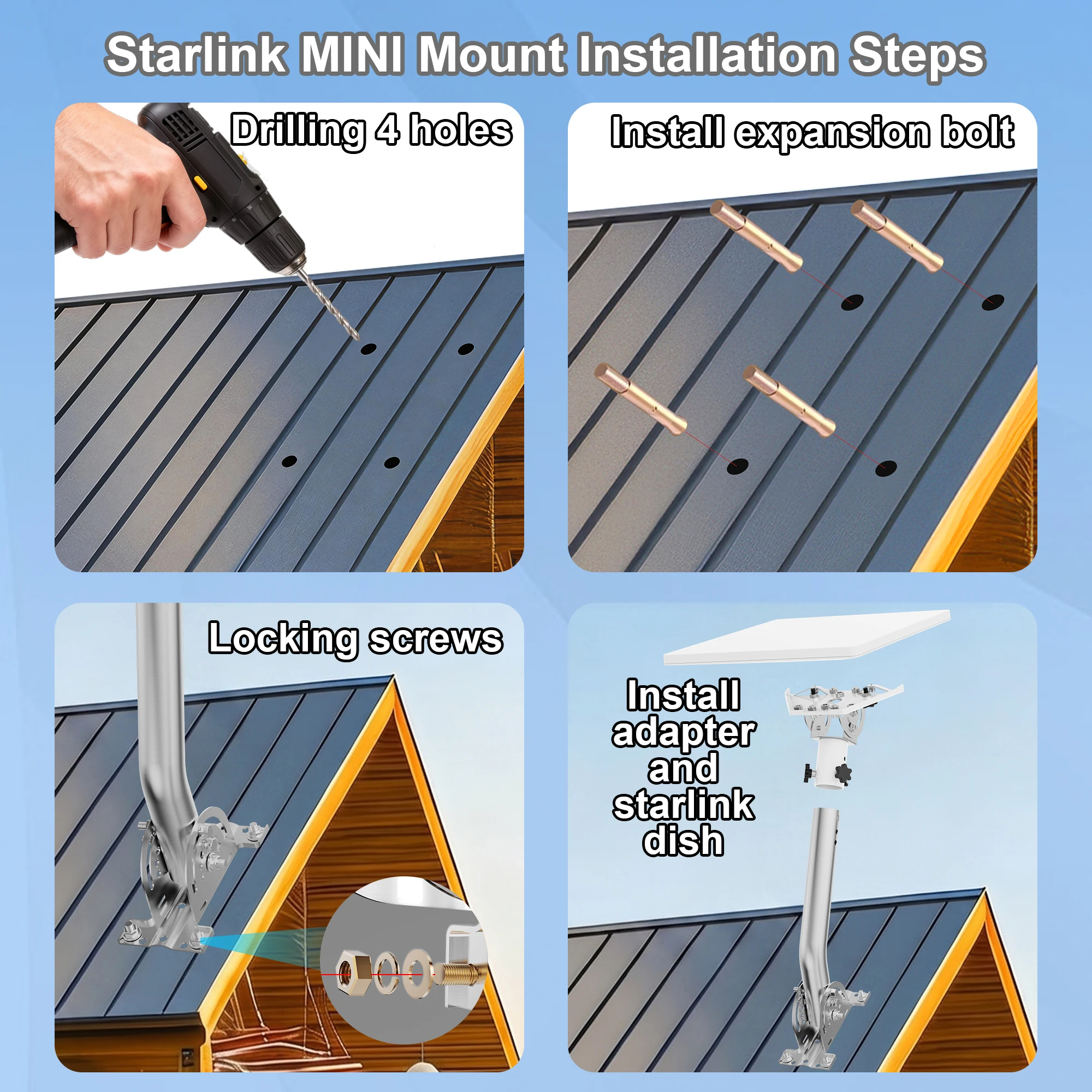 Крепление на крышу Starlink Mini V4, прочный металлический настенный кронштейн, 160 °   Регулируемый по наклону, с комплектом креплений для алюминиевых трубчатых адаптеров (art.: 3920db87aa447) - 3920db87aa447