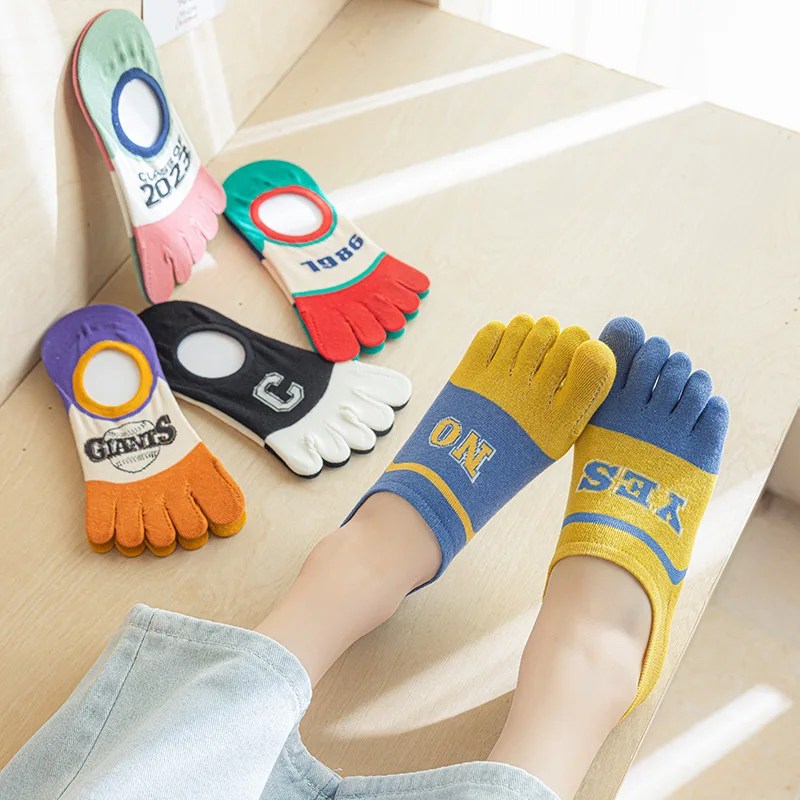 

Spring Ankle Toes Socks Women American Retro Letter Cotton Breathable Socks Soft Elastic Invisible Socks 5 Finger Socks Harajuku