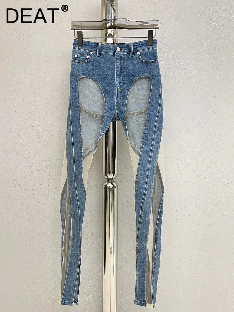 

DEAT 2022 New Run Way Fashion Women Denim See Throw Sexy Full Length Half Big Hole Jeans Female Pants Slim Tide WY14000L
