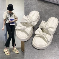 2022 summer fashion new home casual beige ladies slippers bow non slip breathable one word slippers